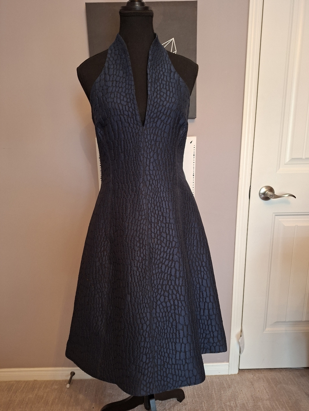Halston Heritage Navy Textured Halter Cocktail Dress – Custom Sized